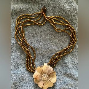 Beaded Necklace with Cream Leather Flower